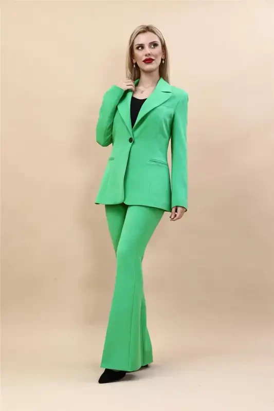 Collared Classic Jacket & Flare Leg Pants Set-Green-Light Green - 1