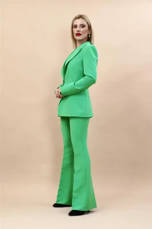 Collared Classic Jacket & Flare Leg Pants Set-Green-Light Green - 2