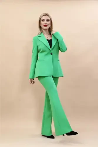 Collared Classic Jacket & Flare Leg Pants Set-Green-Light Green - 3