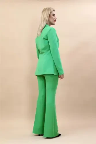 Collared Classic Jacket & Flare Leg Pants Set-Green-Light Green - 4