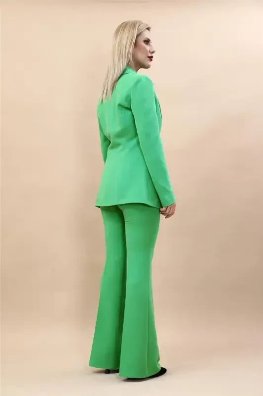 Collared Classic Jacket & Flare Leg Pants Set-Green-Light Green - 4