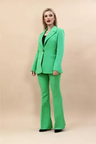 Collared Classic Jacket & Flare Leg Pants Set-Green-Light Green - 5