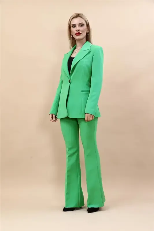 Collared Classic Jacket & Flare Leg Pants Set-Green-Light Green - 5
