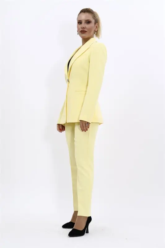 Collared Classic Jacket & Flare Leg Pants Set-Yellow-Yellow - 3