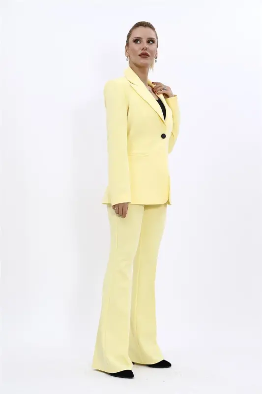 Collared Classic Jacket & Flare Leg Pants Set-Yellow-Yellow - 1
