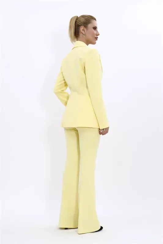 Collared Classic Jacket & Flare Leg Pants Set-Yellow-Yellow - 3