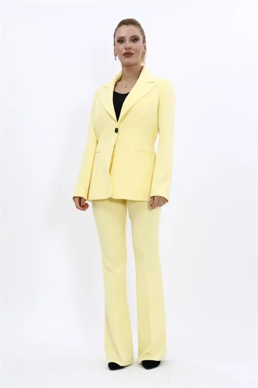 Collared Classic Jacket & Flare Leg Pants Set-Yellow-Yellow - 5