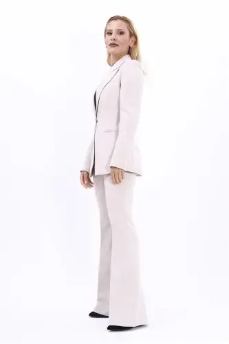 Collared Classic Jacket & Flared Pants Set-Beige-Beige - 3
