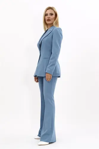 Collared Classic Jacket & Flared Pants Set-Light Blue-Light Blue - 3