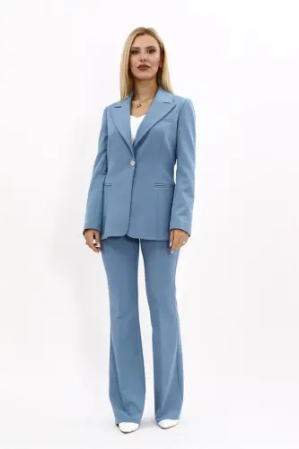 Collared Classic Jacket & Flared Pants Set-Light Blue-Light Blue - 4