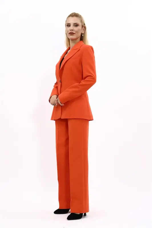 Collared Classic Jacket & Flared Pants Set-Orange-Orange - 3
