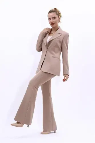 Collared Classic Jacket & Flared Pants Set-Stone-Stone - 1