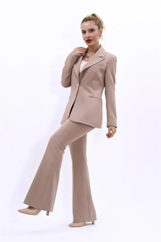 Collared Classic Jacket & Flared Pants Set-Stone-Stone - 1