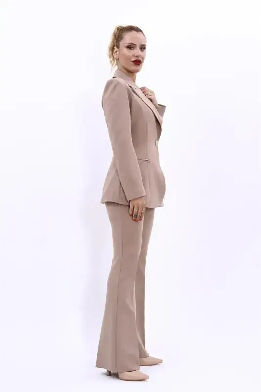 Collared Classic Jacket & Flared Pants Set-Stone-Stone - 2