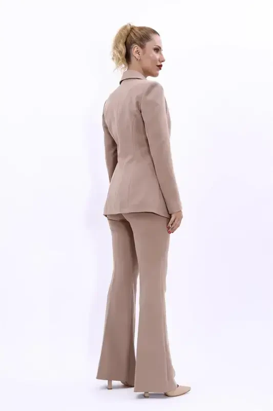 Collared Classic Jacket & Flared Pants Set-Stone-Stone - 3