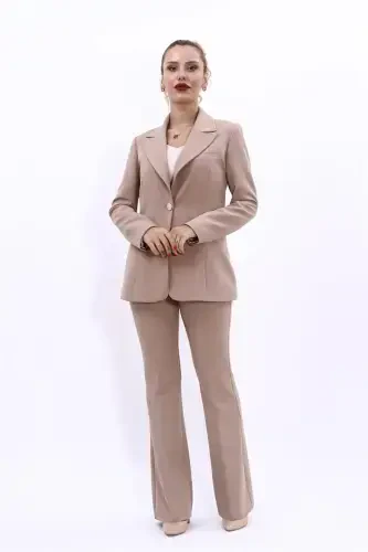 Collared Classic Jacket & Flared Pants Set-Stone-Stone - 5