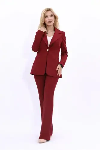 Collared Classic Jacket & Flared Pants Suit-Burgundy-Burgundy - 1