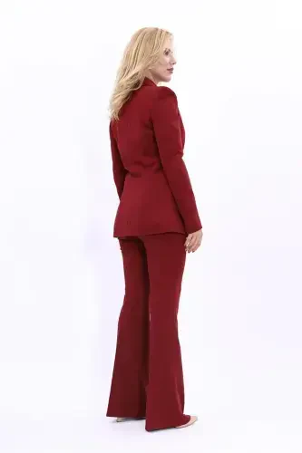 Collared Classic Jacket & Flared Pants Suit-Burgundy-Burgundy - 4