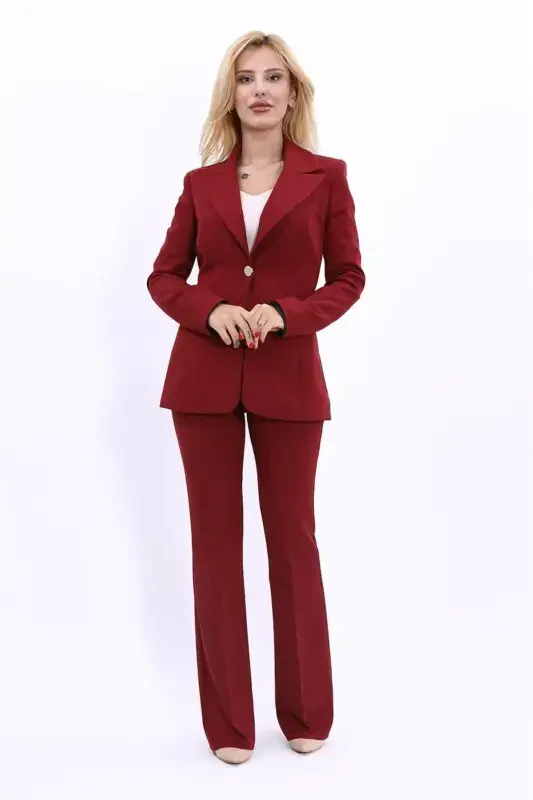 Collared Classic Jacket & Flared Pants Suit-Burgundy-Burgundy - 5
