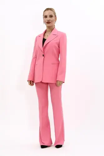 Collared Classic Jacket & Flared Pants Suit-Pink-Pink - 5