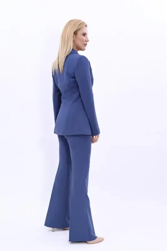 Collared Classic Jacket & Wide Leg Pants Suit - indigo - 4