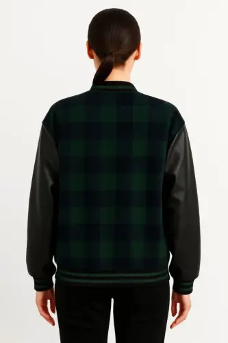 Collared Faux Leather Lined Lumberjack College Jacket - Khaki - 2