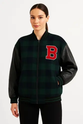 Collared Faux Leather Lined Lumberjack College Jacket - Khaki - 3