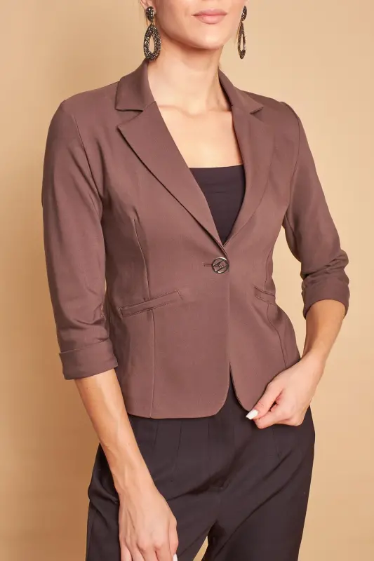 Collared Flato Pocket Capri Three-Quarter Sleeve Short Blazer Fabric Jacket -khaki-KHAKI - 3