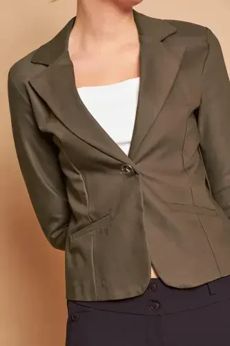 Collared Flato Pocket Capri Three Quarter Sleeve Short Blazer Slightly Lycra Cotton Fabric Jacket-Dark Khaki-D.KHAKI - JUMENT (1)