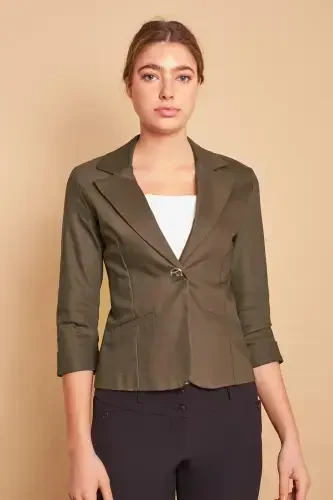 Collared Flato Pocket Capri Three Quarter Sleeve Short Blazer Slightly Lycra Cotton Fabric Jacket-Dark Khaki-D.KHAKI - 3