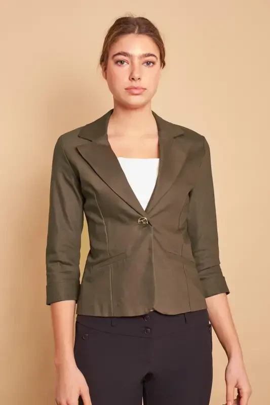 Collared Flato Pocket Capri Three Quarter Sleeve Short Blazer Slightly Lycra Cotton Fabric Jacket-Dark Khaki-D.KHAKI - 3