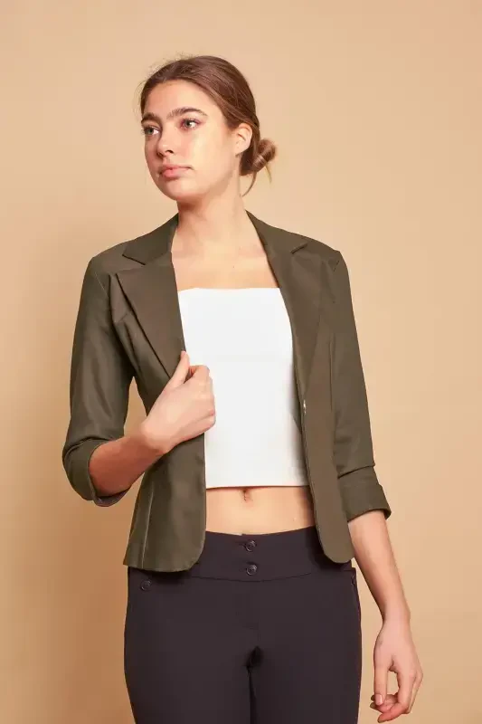 Collared Flato Pocket Capri Three Quarter Sleeve Short Blazer Slightly Lycra Cotton Fabric Jacket-Dark Khaki-D.KHAKI - 4