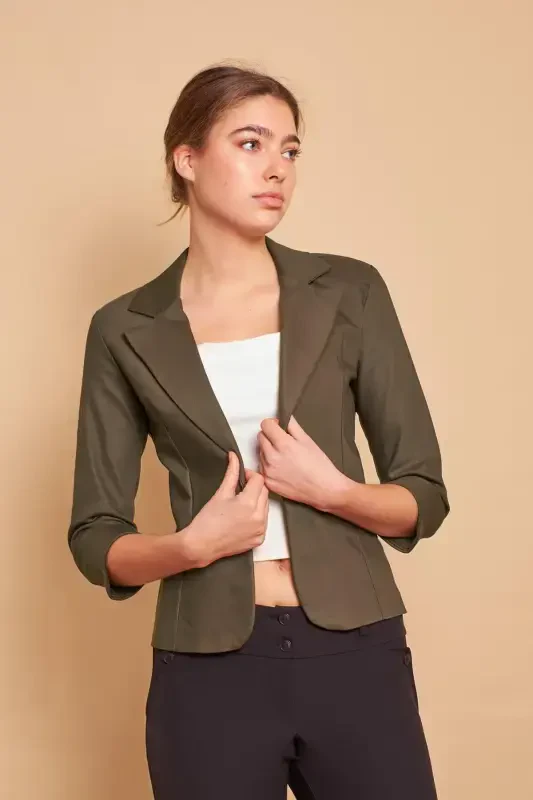 Collared Flato Pocket Capri Three Quarter Sleeve Short Blazer Slightly Lycra Cotton Fabric Jacket-Dark Khaki-D.KHAKI - 5