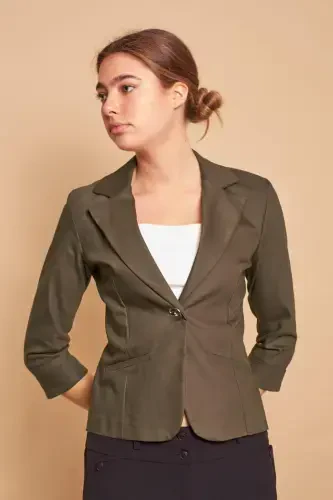 Collared Flato Pocket Capri Three Quarter Sleeve Short Blazer Slightly Lycra Cotton Fabric Jacket-Dark Khaki-D.KHAKI - 6