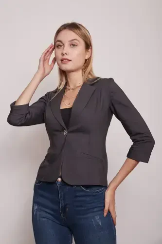Collared Flato Pocketed Capri Three Quarter Sleeve Short Blazer Jacket-anthracite-ANTHRACITE - Modazone (1)