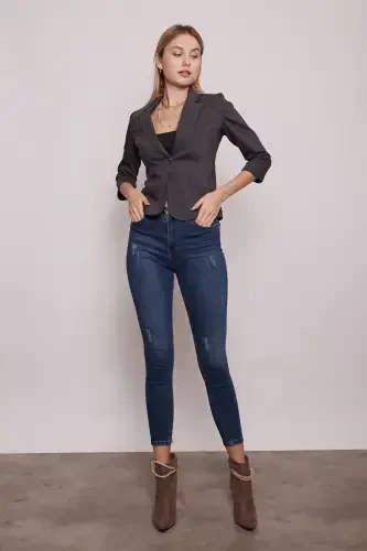 Collared Flato Pocketed Capri Three Quarter Sleeve Short Blazer Jacket-anthracite-ANTHRACITE - 3