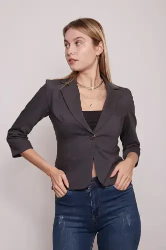 Collared Flato Pocketed Capri Three Quarter Sleeve Short Blazer Jacket-anthracite-ANTHRACITE - 4