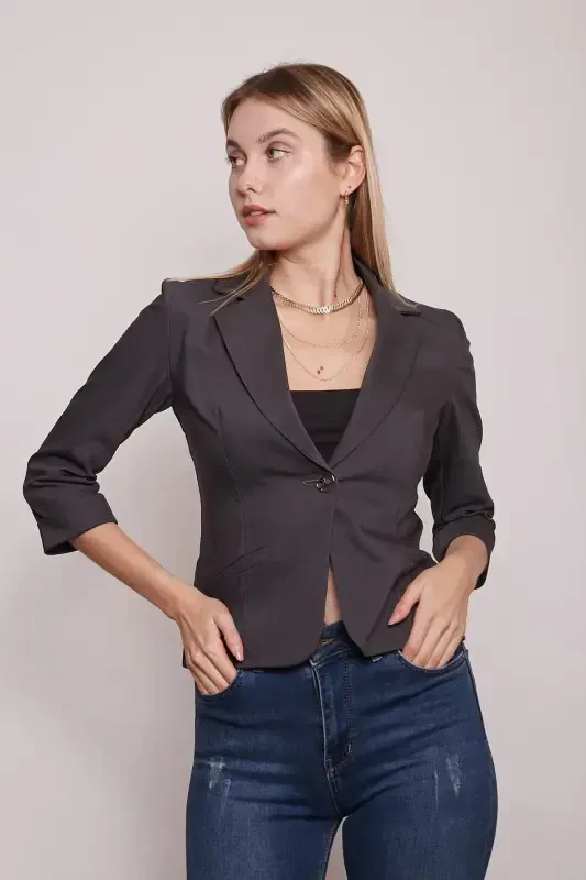 Collared Flato Pocketed Capri Three Quarter Sleeve Short Blazer Jacket-anthracite-ANTHRACITE - 4