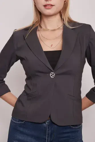 Collared Flato Pocketed Capri Three Quarter Sleeve Short Blazer Jacket-anthracite-ANTHRACITE - 6