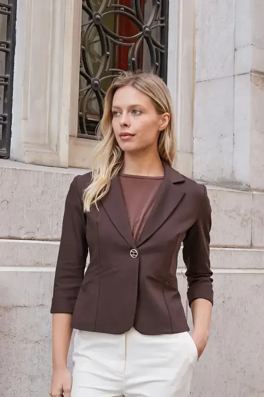 Collared Flato Pocketed Capri Three Quarter Sleeve Short Blazer Jacket-coffee-COFFEE - JUMENT