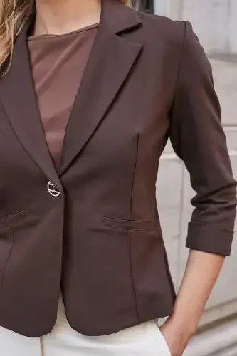 Collared Flato Pocketed Capri Three Quarter Sleeve Short Blazer Jacket-coffee-COFFEE - 5