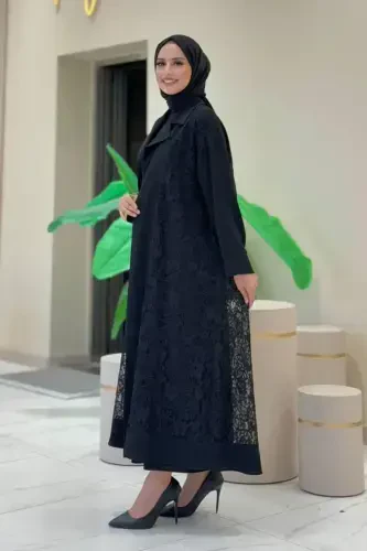 Collared Lace Guipure Detail Abaya 7830 Black - 3