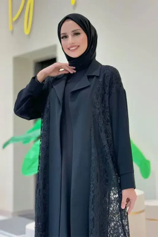 Collared Lace Guipure Detail Abaya 7830 Black - 4