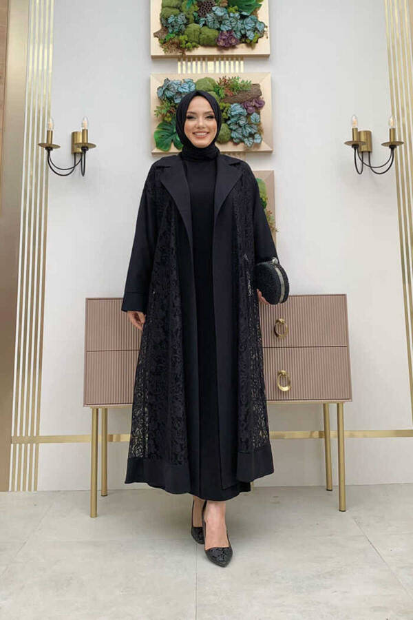 Collared Lace Guipure Detail Abaya 7830 Black - 1