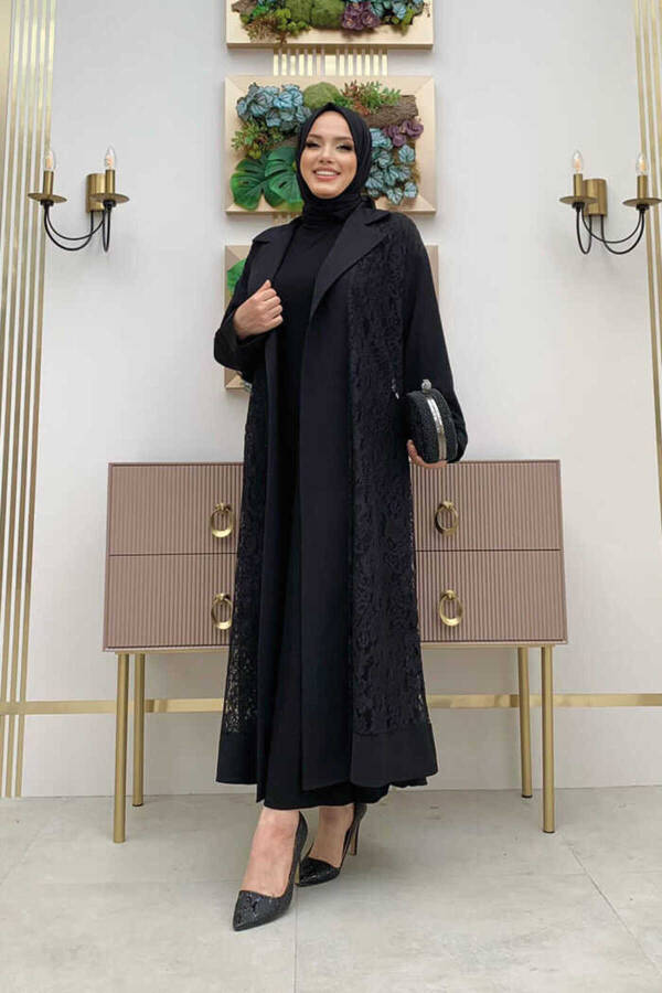 Collared Lace Guipure Detail Abaya 7830 Black - 2