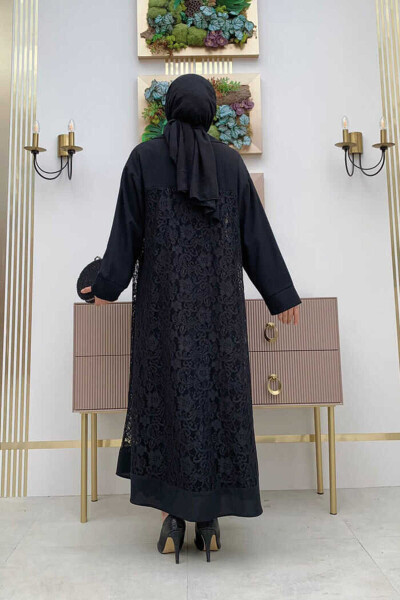 Collared Lace Guipure Detail Abaya 7830 Black - 3