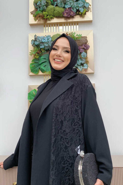 Collared Lace Guipure Detail Abaya 7830 Black - 4