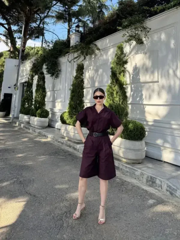 Collared Shirt Belted Shorts Set - Burgundy - 3