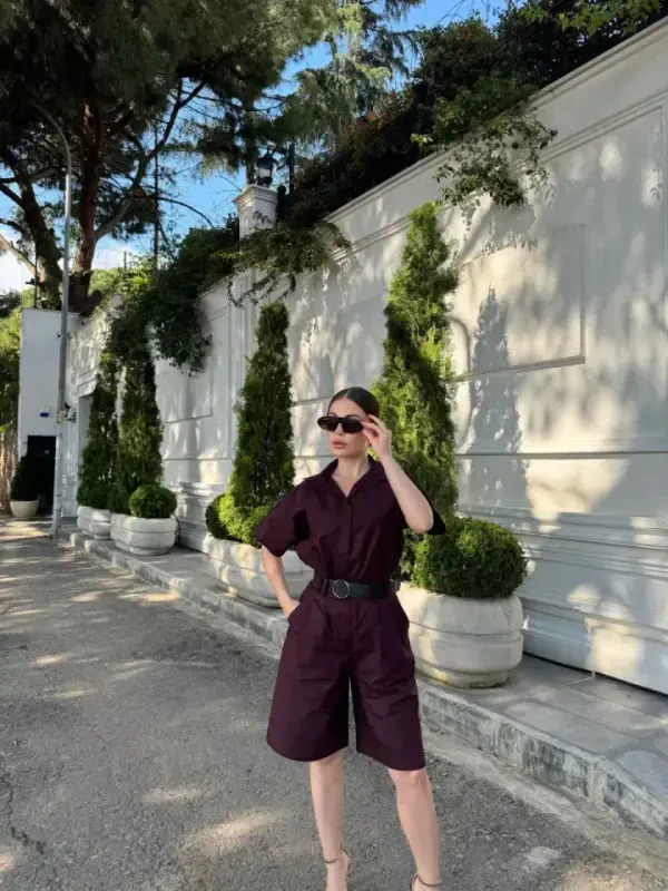 Collared Shirt Belted Shorts Set - Burgundy - 4