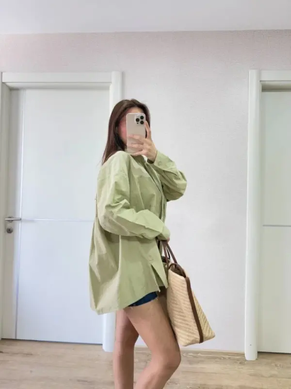 Collared Side Slit Shirt - Green - 2